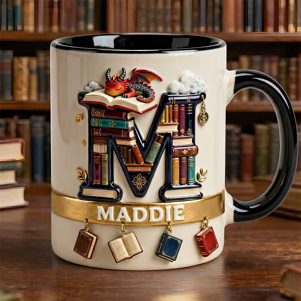 Vintage Book Dragon Alphabet Initial Letter Accent Mug, Personalized Gifts For Book Lovers 02qhdt231225