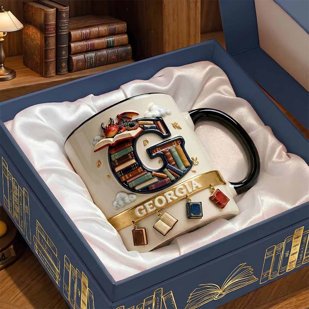 Vintage Book Dragon Alphabet Initial Letter Accent Mug, Personalized Gifts For Book Lovers 02qhdt231225